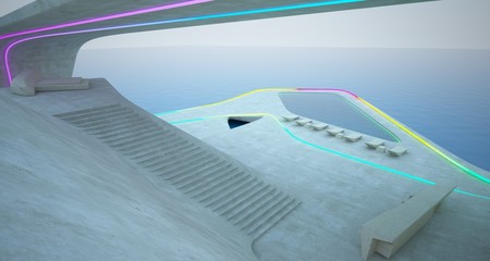 Abstract architectural concrete interior of a minimalist house with colored neon lighting. 3D illustration and rendering.