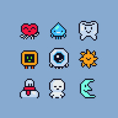 16-Bit Cute abstract creatures characters set, pixel art style icons, tooth, heart, funny snowman, moon and eye, element design for logo, app, web, sticker. Video game sprite. Isolated vector.