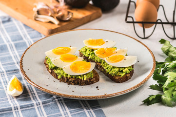 Toast with avocado and egg on rustic background