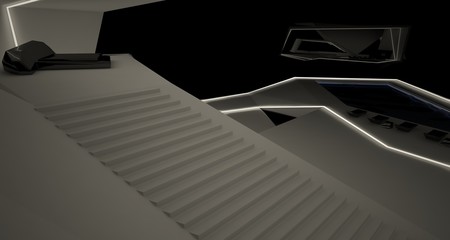 Abstract architectural black and white interior of a modern villa with neon lighting. 3D illustration and rendering.