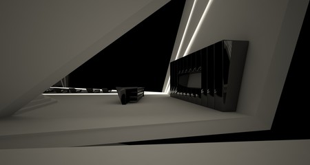 Abstract architectural black and white interior of a modern villa with neon lighting. 3D illustration and rendering.