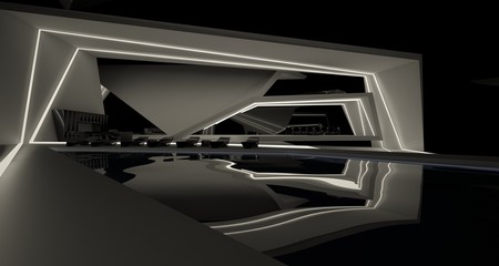 Abstract architectural black and white interior of a modern villa with neon lighting. 3D illustration and rendering.