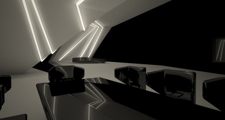 Abstract architectural black and white interior of a modern villa with neon lighting. 3D illustration and rendering.