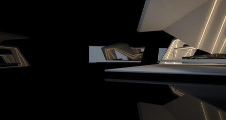 Abstract architectural black and white interior of a modern villa with neon lighting. 3D illustration and rendering.