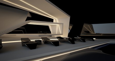 Abstract architectural black and white interior of a modern villa with neon lighting. 3D illustration and rendering.