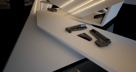Abstract architectural black and white interior of a modern villa with neon lighting. 3D illustration and rendering.