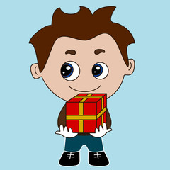 emoticon with smiling chibi man handing you over a wrapped gift box, vector emoji in color, simplistic colorful clip art, personage with outlines