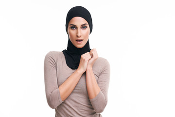 Muslim woman over white background