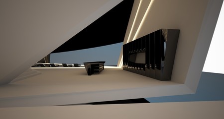 Abstract architectural black and white interior of a modern villa with neon lighting. 3D illustration and rendering.