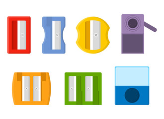 Collection of colored colorful pencil sharpeners isolated on white background. Cartoon style. Vector illustration for any design.