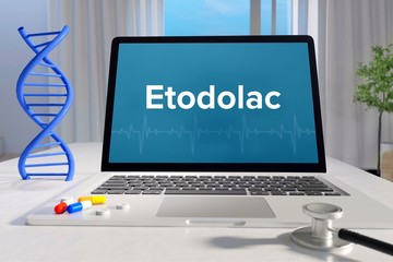 Etodolac – Medicine/health. Computer in the office with term on the screen. Science/healthcare