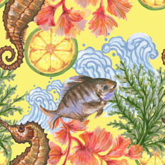 Watercolor gouache Seaweeds, Coral, Aquarium plants, underwater animal, fruit, summer beach hand pianting nature wildlife for tropical card
