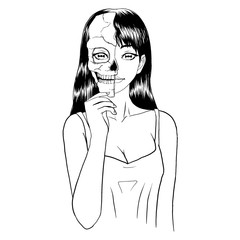 vector line artwork woman holding a half skull mask, black and white comic or manga style