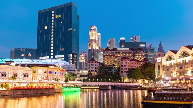 Time lapse view day to night of Clarke Quay in Singapore city