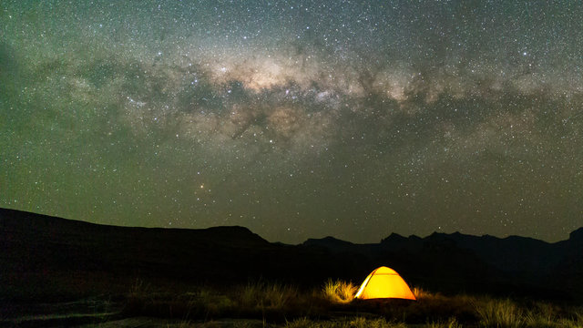 Yellow tent under the milky way stars