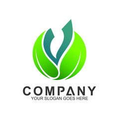 V logo with leaf in circle shape