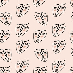 Materiał do szycia One line drawing abstract faces seamless pattern. Modern aesthetic print, minimalism, contour line art. Continuous with people faces. Vector