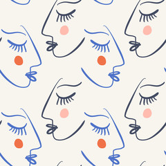 One line drawing abstract faces seamless pattern. Modern aesthetic print, minimalism, contour line art. Continuous with people faces. Vector - obrazy, fototapety, plakaty