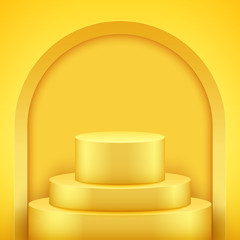 Presentation circle podium with arch ant three level. Yellow color. Editable Background Vector illustration.