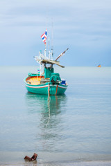 The sea in the evening sunlight over beautiful blue sky. luxury summer adventure active at Sam Roi Yot Beach  in Thailand,Boat, blue sea