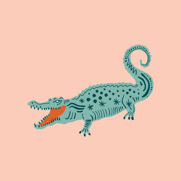 Cute crocodile with color background, alligator tees, cool animal collage print, cartoon character