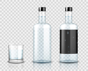 Transparent vodka bottle mockup. Realistic vodka glass isolated. Vector illustration.