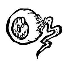 Gross horror eyeball with fleshy optic nerve tail -- spooky zombie cartoon illustration