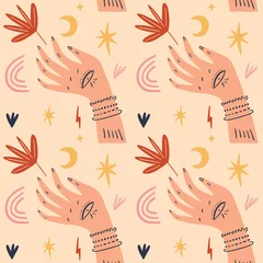 Gordijnen Magical ornate hands seamless pattern. Planet week art, Earth day. Save nature, green life concept. Vector Illustration. Clipart © Knstart Studio