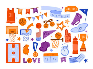 Basketball sport accessories - set of isolated things on whith. Basketball ball basket playground sportfield medal and cup whistle flags and fans glove cap tickets stopwatch, lettering vector elements