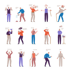 Fototapeta na wymiar old people with dementia signs and symptoms, aged senior men with mental problems, Alzheimers or Parkinsons disease - memory loss, insomnia, disorientation, headache, slurred speech - vector isolated