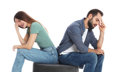 Couple with relationship problems on white background