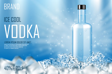Vodka bottle with ice cubes ad. Strong alcohol drink mock up on shiny blue background and water drops. Vodka advertising banner. Realistic 3d vector illustration