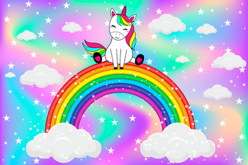 Naklejka premium Cute unicorn sitting on rainbow with clouds and stars. Cartoon beautiful illustration.