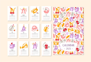 Cats birthday party calendar 2021 - funny kitten in festive hat, gift boxes and presents, birthday cake and drinks, big vector planner 12 month pages and cover, cartoon flat characters - template