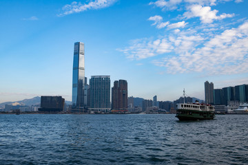 Hong Kong cityscape, Victoria harbour. The ferry is floating on the water
