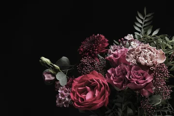 Wall murals Beautiful bouquet of different flowers on black background. Floral card design with dark vintage effect
