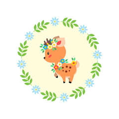 Cute deer. Little deer decorated with flowers on background of floral frame. Flat illustration isolated on white. Vector 8 EPS.