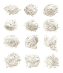 Set of organic flour on white background, top view
