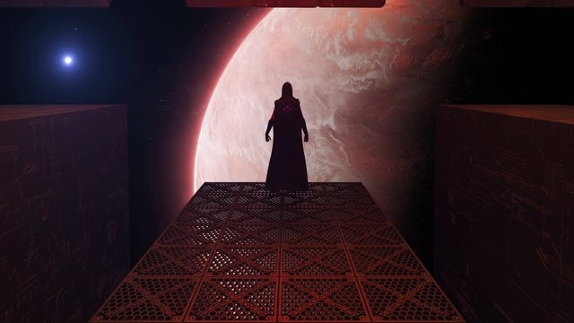 3d Animation of an alien ship exploring a red planet with thin atmosphere and high-speed winds