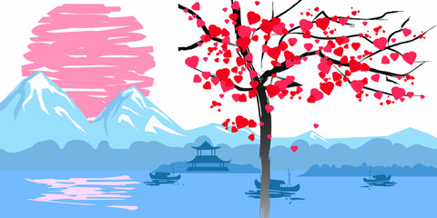 Chinese traditional or Japanese landscape, with pagoda and mountains, flowering tree hearts