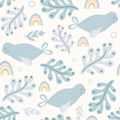 Seal pattern. Vector sea life seamless repeat design with rainbows and seaweed.