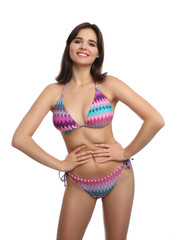 Obraz premium Beautiful woman in stylish bikini on white background