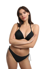 Fototapeta premium Beautiful woman in stylish bikini on white background