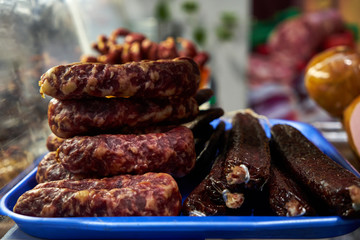 Variety of sausage products. Close-up shot.