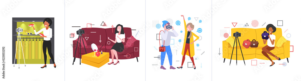 Poster set bloggers recording online video with camera on tripod live streaming broadcast social media netw