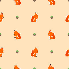Cute forest background. Seamless pattern with cute squirrels and nuts on light brown background. Illustration in flat style. Vector 8 EPS.