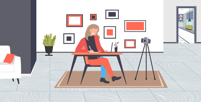 student blogger using laptop doing homework recording online video with camera on tripod blogging live streaming studying concept living room interior horizontal full length vector illustration