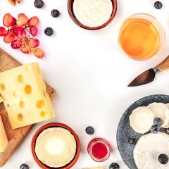 Cheese design template, square overhead shot with Brie, goat cheese, wine, Dutch cheese, grapes and a place for text