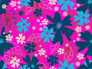 Fototapeta na wymiar Seamless Flowers and Leaves Decorated Pink Background.