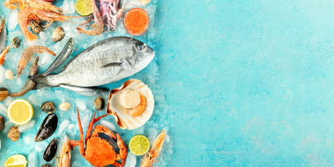 Fish and seafood panoramic overhead shot with a place for text. Sea bream, prawns, sardines, scallops, and mussels on a blue background